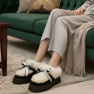 Plush Faux Fur Platform Chunky Bow Slipper Ankle Boots Fuzzy Slip-on Lug Shoes